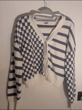 Sincerely Jules White & Navy Checkered-Striped Button Cardigan